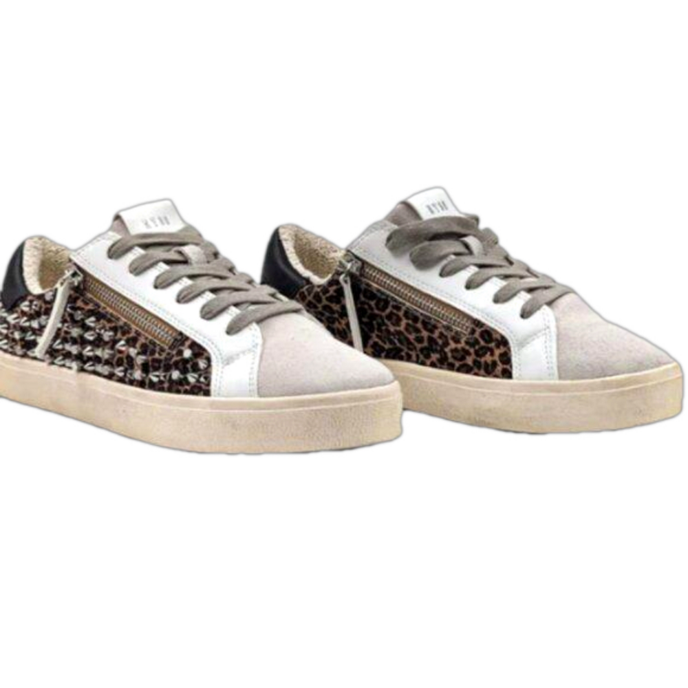 Steve Madden Parka Sneakers Studded Mixed Media Zip Closure Leopard Print 7.5M